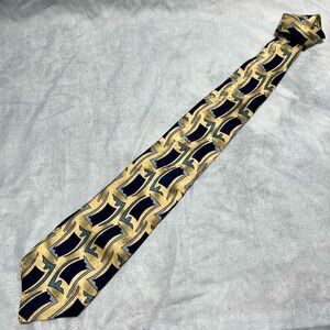 REPP LTD DESIGNER GOLD NECKTIE W NAVY BLUE GEOMETRIC DESIGN IMPORT SILK USA MADE
